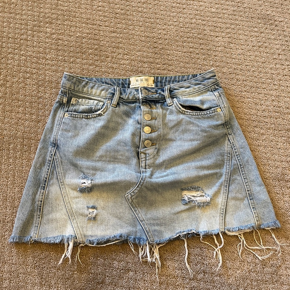 Free People Distressed Light Blue Denim Mini Skirt